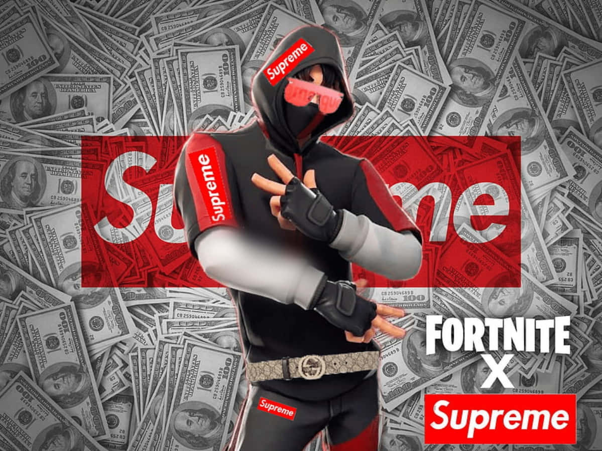 穿著Supreme裝備的Fortnite角色被美鈔包圍。