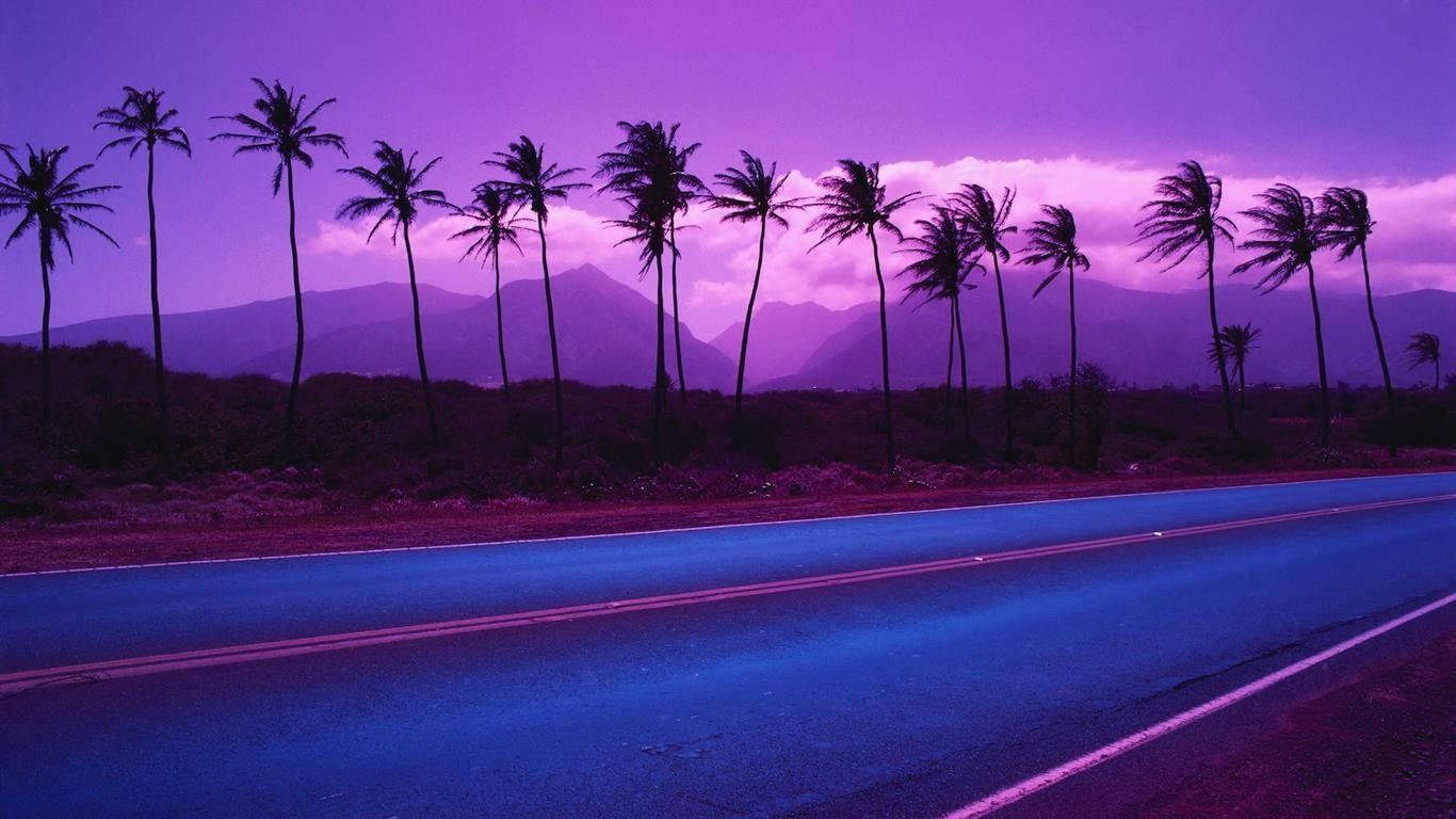 一條藍色的道路，兩旁種滿棕櫚樹，在紫色天空下，遠處有山。