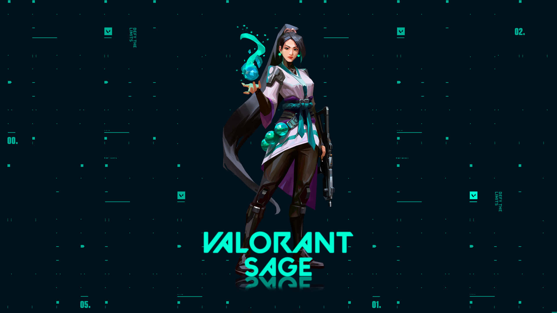 Valorant角色Sage在數碼網格環境中手持發光球體。