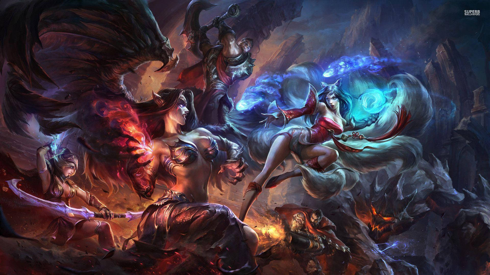 成為《英雄聯盟》的王者或女王 壁紙 — 奇幻戰士在黑暗洞穴中交鋒，火焰與冰霜魔法在他們周圍旋轉。