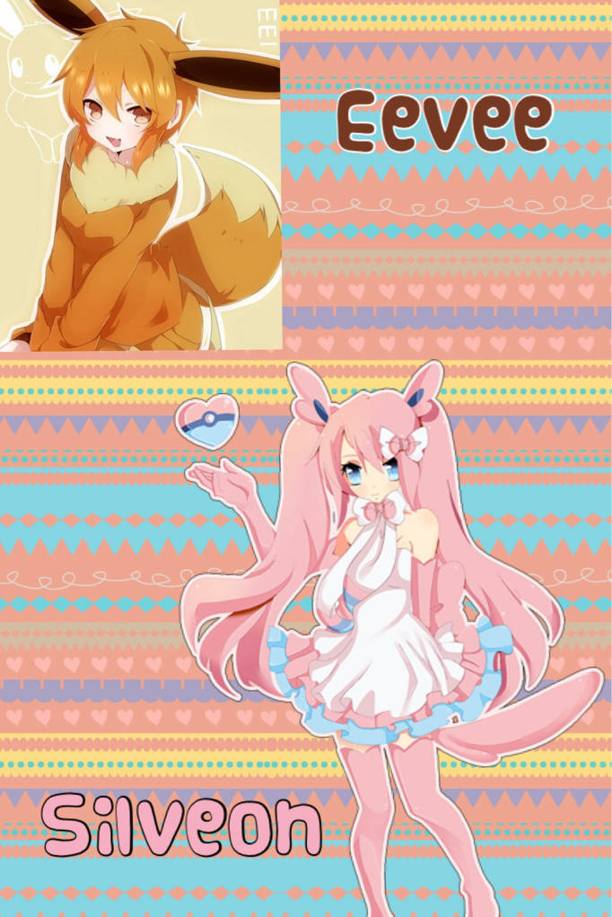 動漫角色伊布和仙子伊布在色彩繽紛的圖案壁紙設計中。