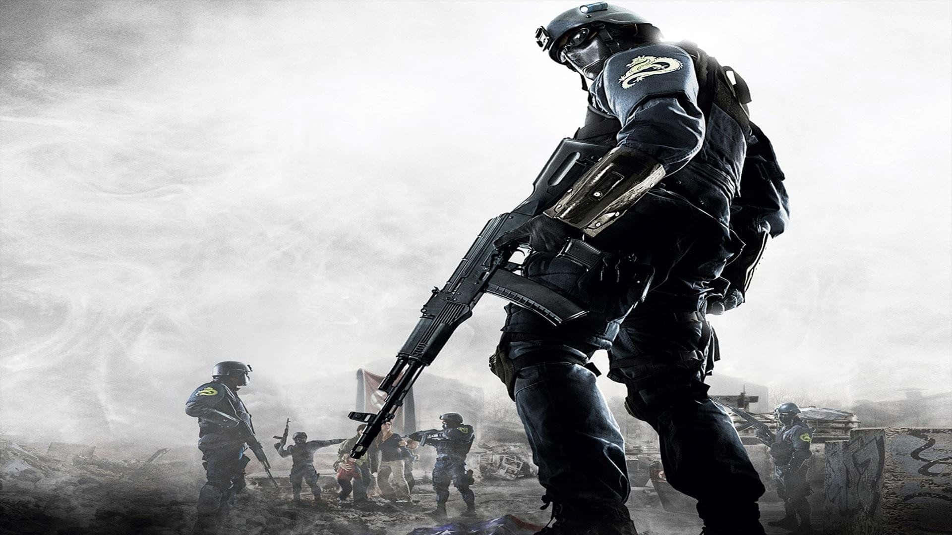 身穿戰鬥裝備的士兵在煙霧彌漫的戰場上前進。