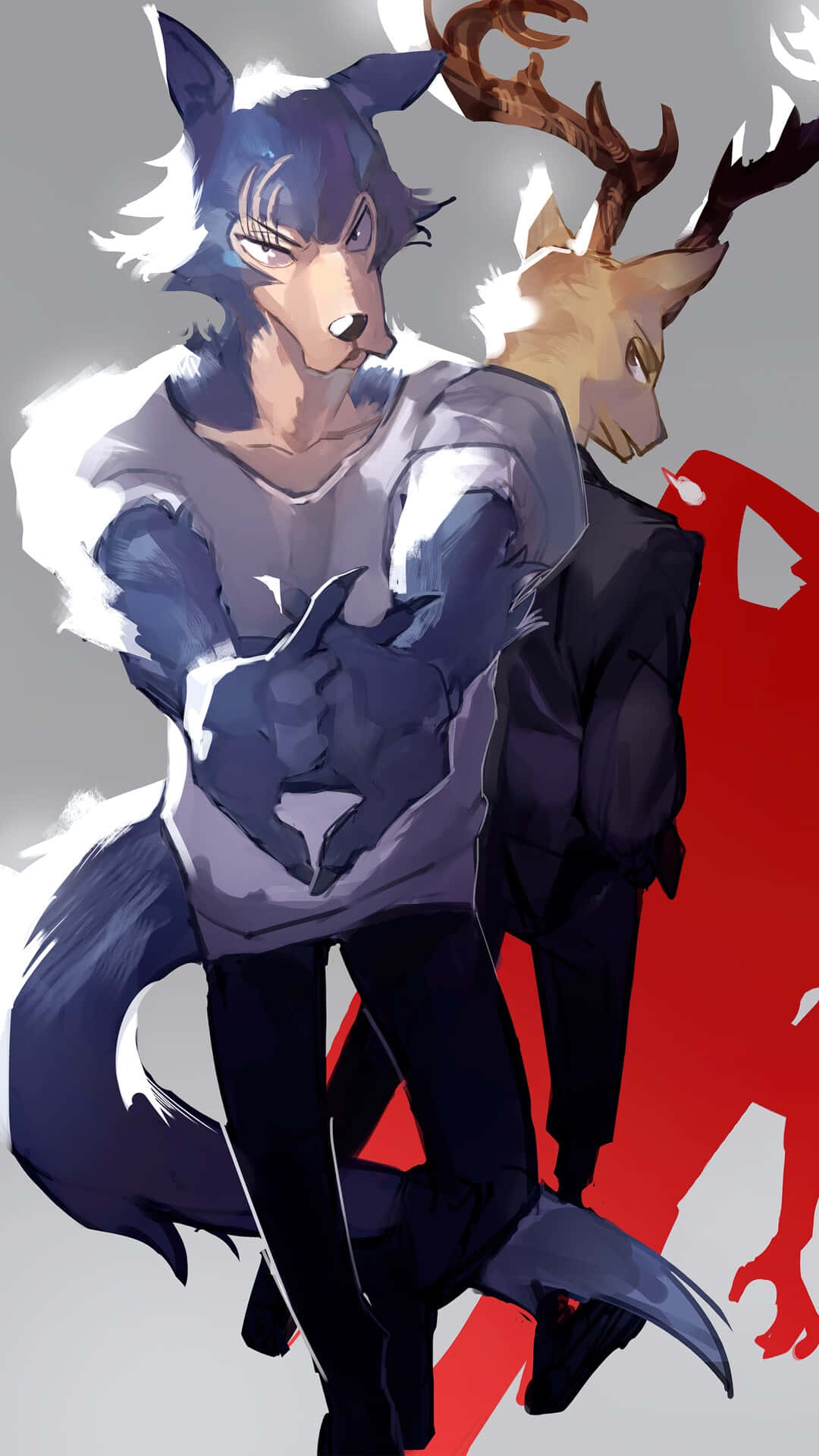 兩個擬人化動物，一隻藍色狼和一個鹿頭人身的人物，動漫風格。