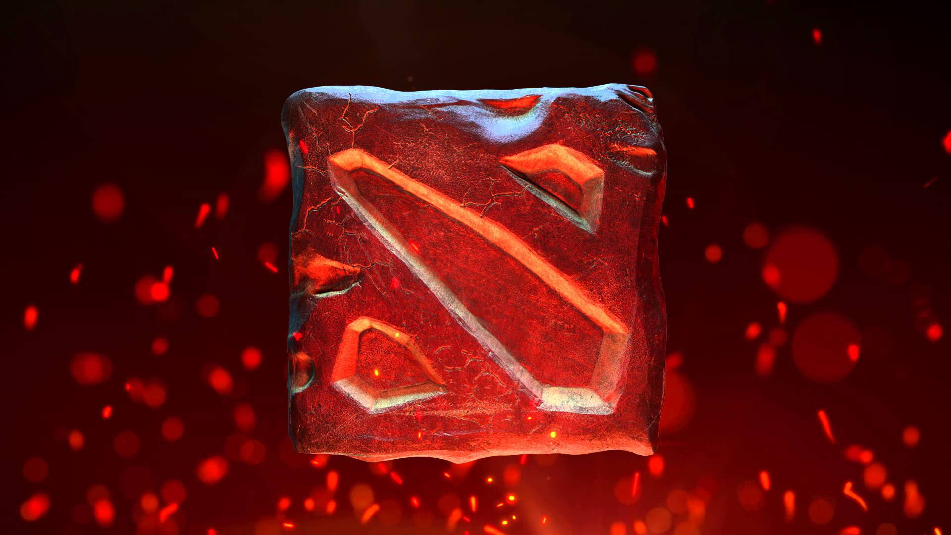 一個發光的紅色 Dota 2 標誌雕刻在一個方塊中，帶有漂浮的火花。