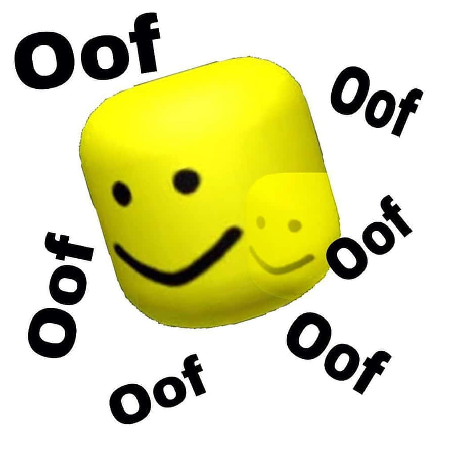 成為新手，啟動你的Roblox體驗！ 壁紙 — 一個明亮的黃色立方體，帶有微笑的臉，被粗體黑色文字中的「Oof」一詞包圍。