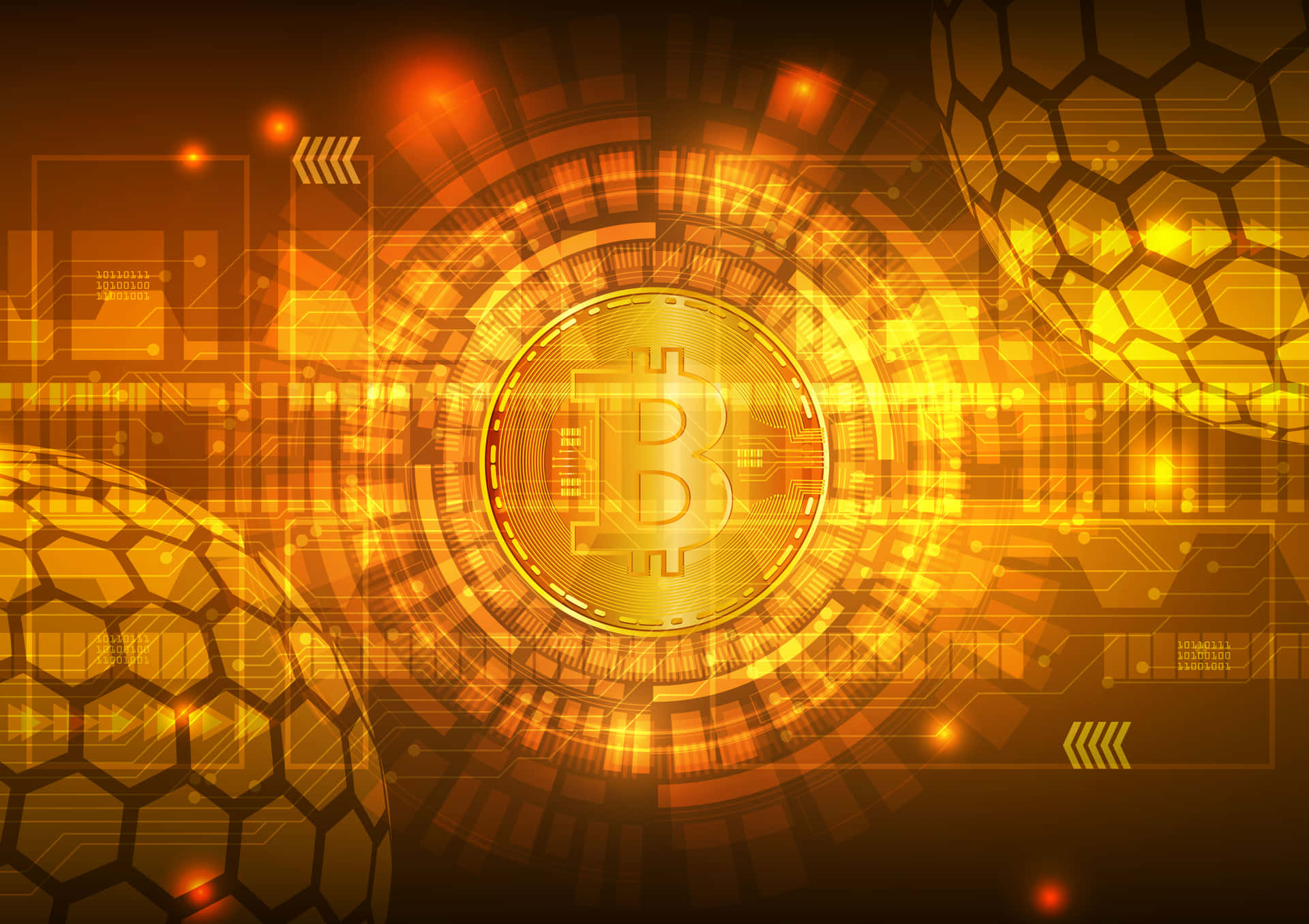 金色比特幣被發光的數碼電路和六邊形圖案包圍。