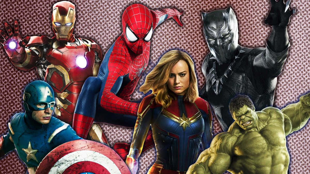 成為漫威體驗的一份子 壁紙 — 動感超級英雄拼貼畫， featuring Iron Man、Spider-Man、Captain America、Captain Marvel、Black Panther 和 Hulk，背景為圖案設計。