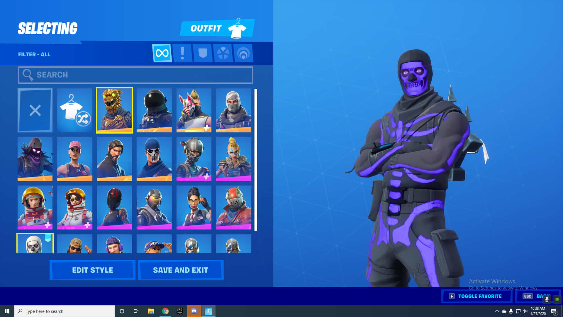 Fortnite 角色選擇畫面，顯示紫色骷髏裝。