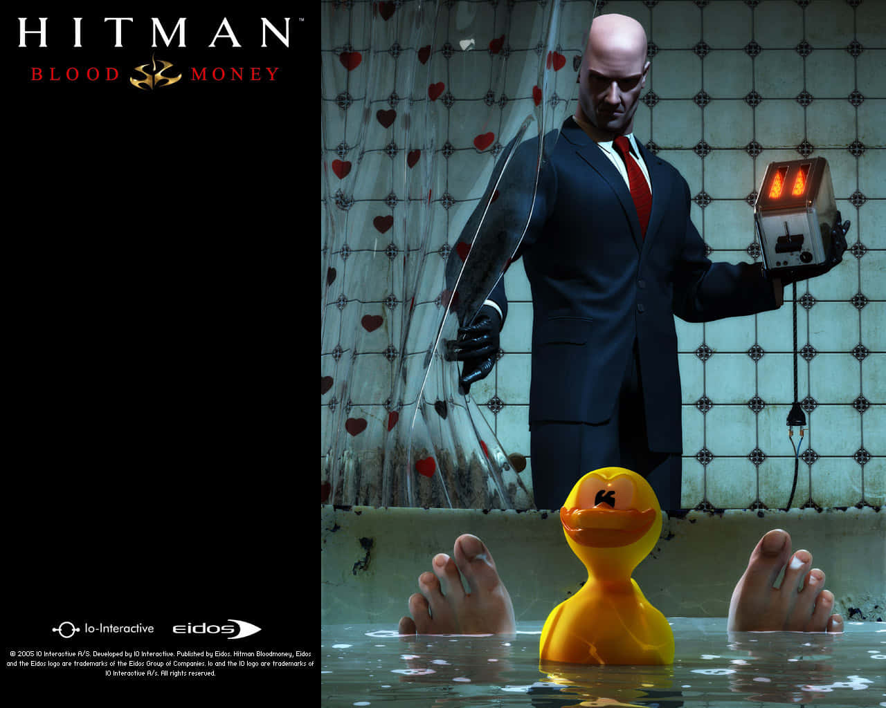 成為終極刺客——體驗《Hitman 2》 壁紙 — Agent 47 在血淋淋的浴缸中，手持一個裝置，水中有橡膠鴨和腳。