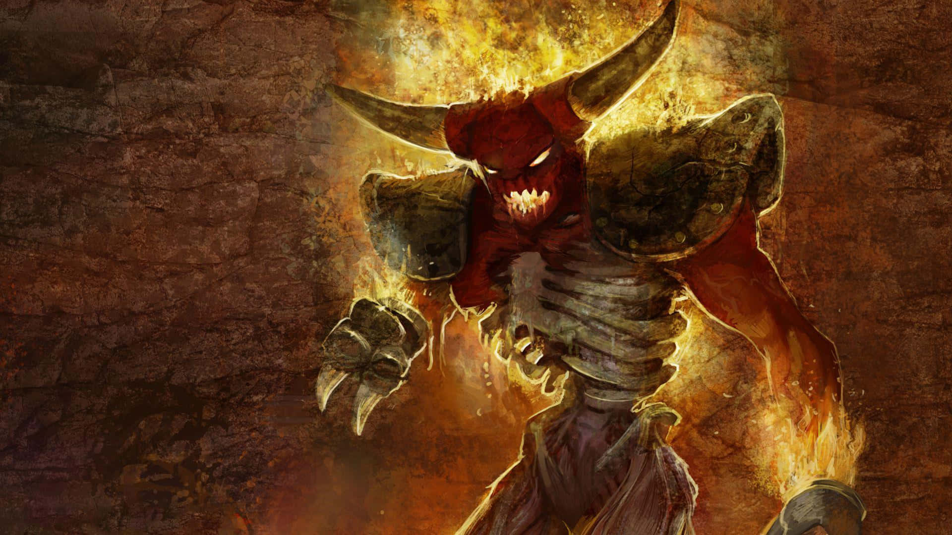成為舊版Runescape原始世界的高手 壁紙 — 一頭燃燒的惡魔公牛，眼睛發光，拳頭裝甲，從煙霧繚繞的洞穴背景中出現。