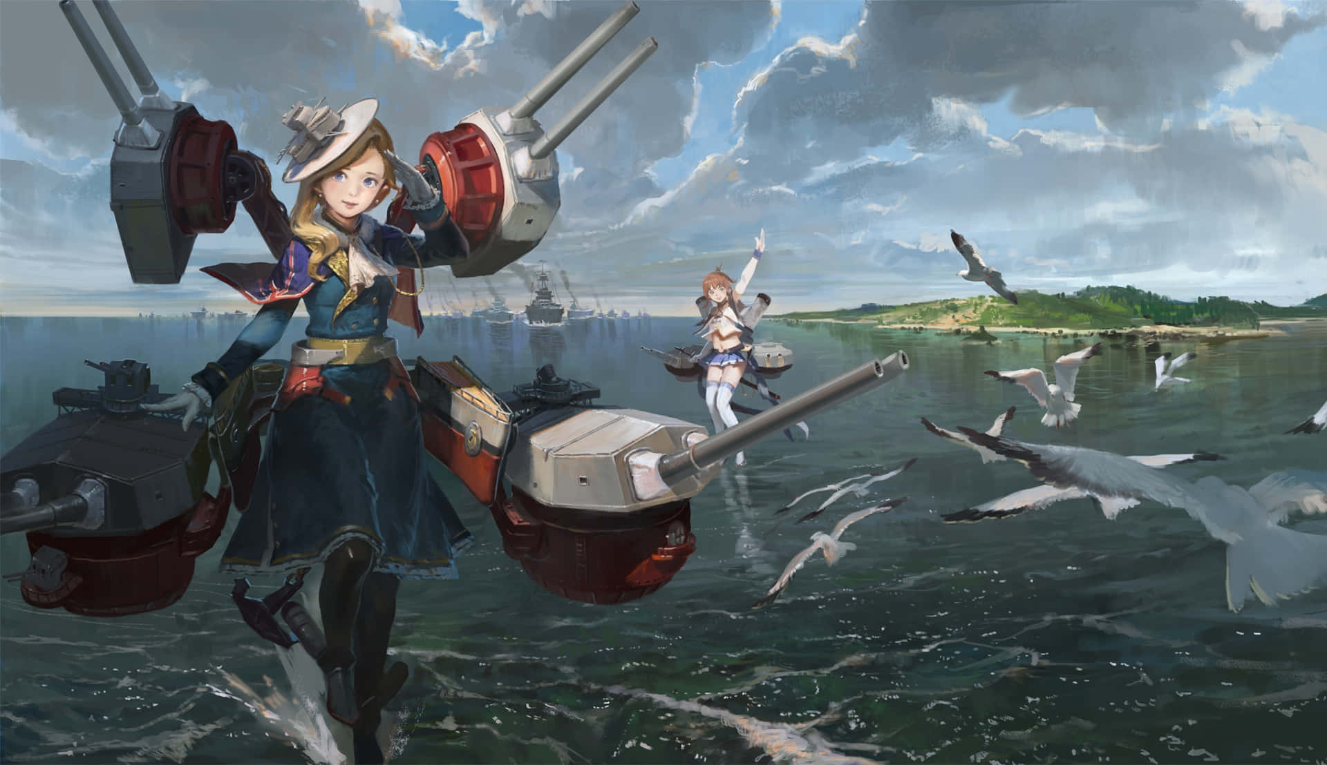 動漫少女穿著水手制服騎乘軍艦穿越波濤洶湧的海域，海鷗飛翔。