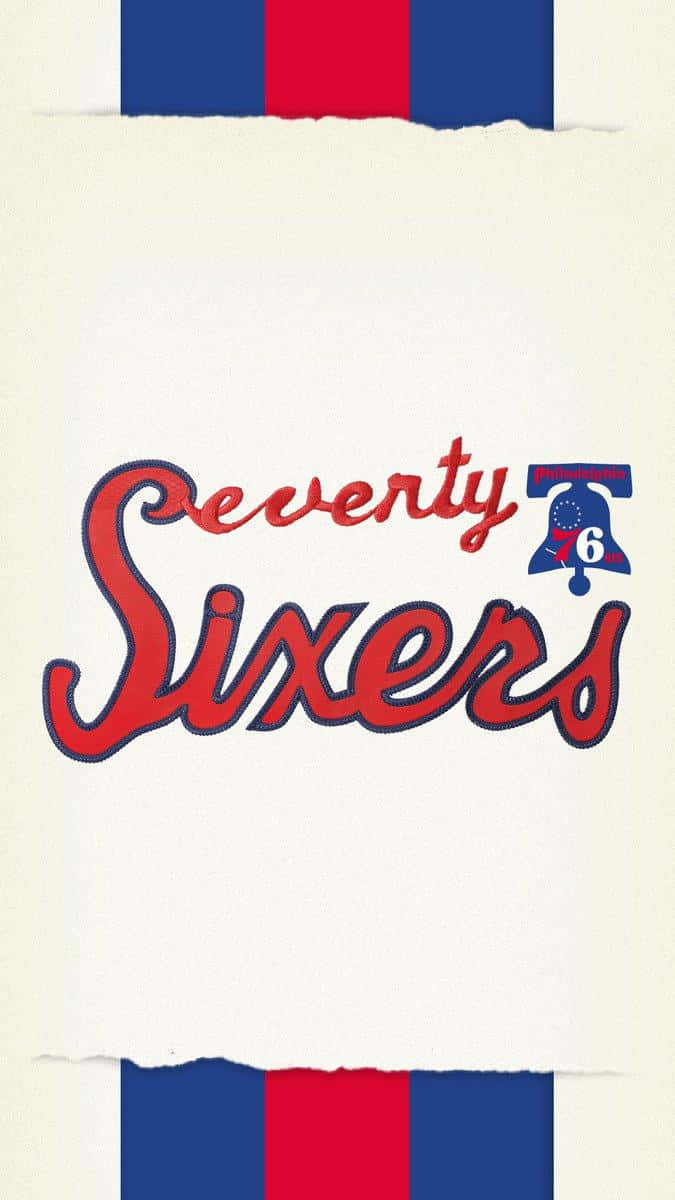 復古 Seventy Sixers 籃球隊標誌，位於帶紅藍條紋的撕紙上。