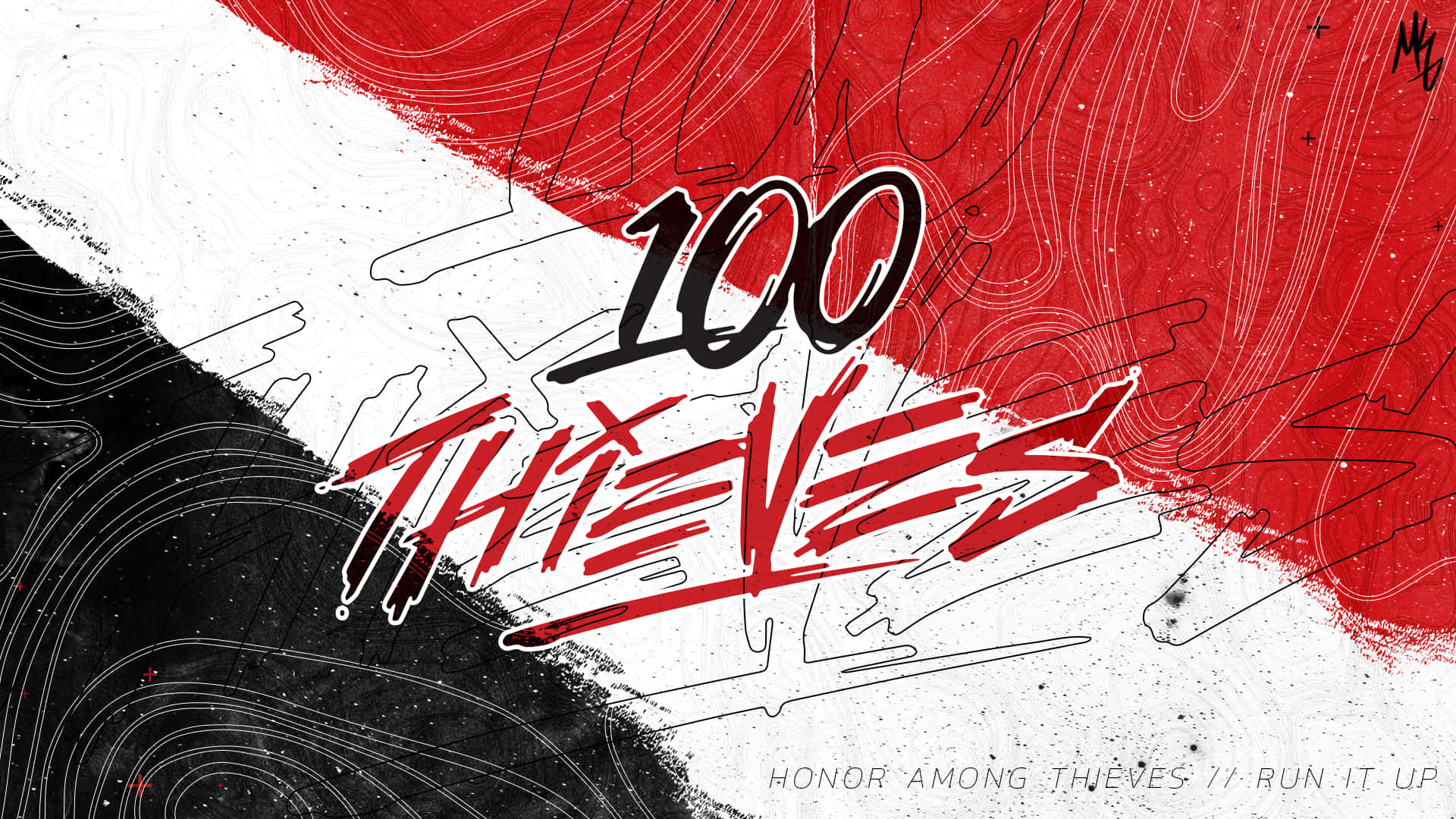 100 Thieves 的塗鴉風格標誌，帶有地形線和標語。