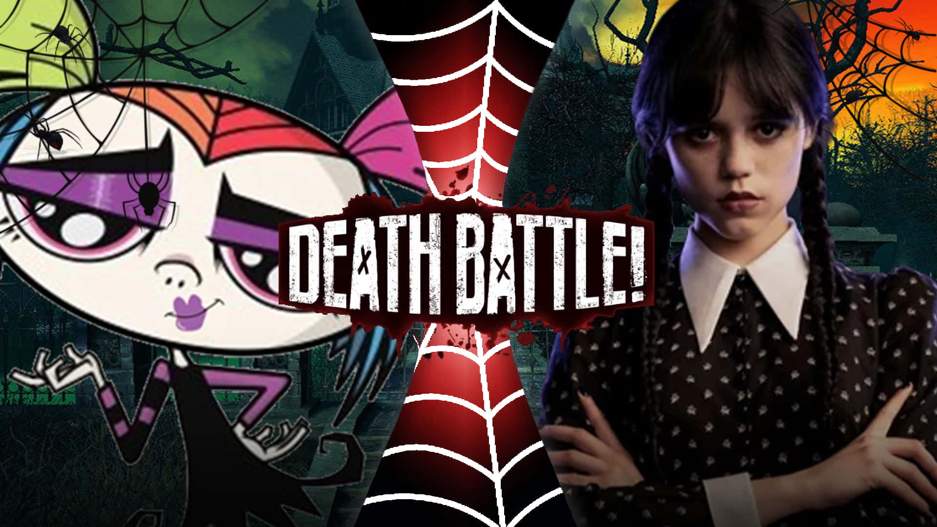 來自 Death Battle 的兩個角色在恐怖的動畫戰鬥場景中對峙。
