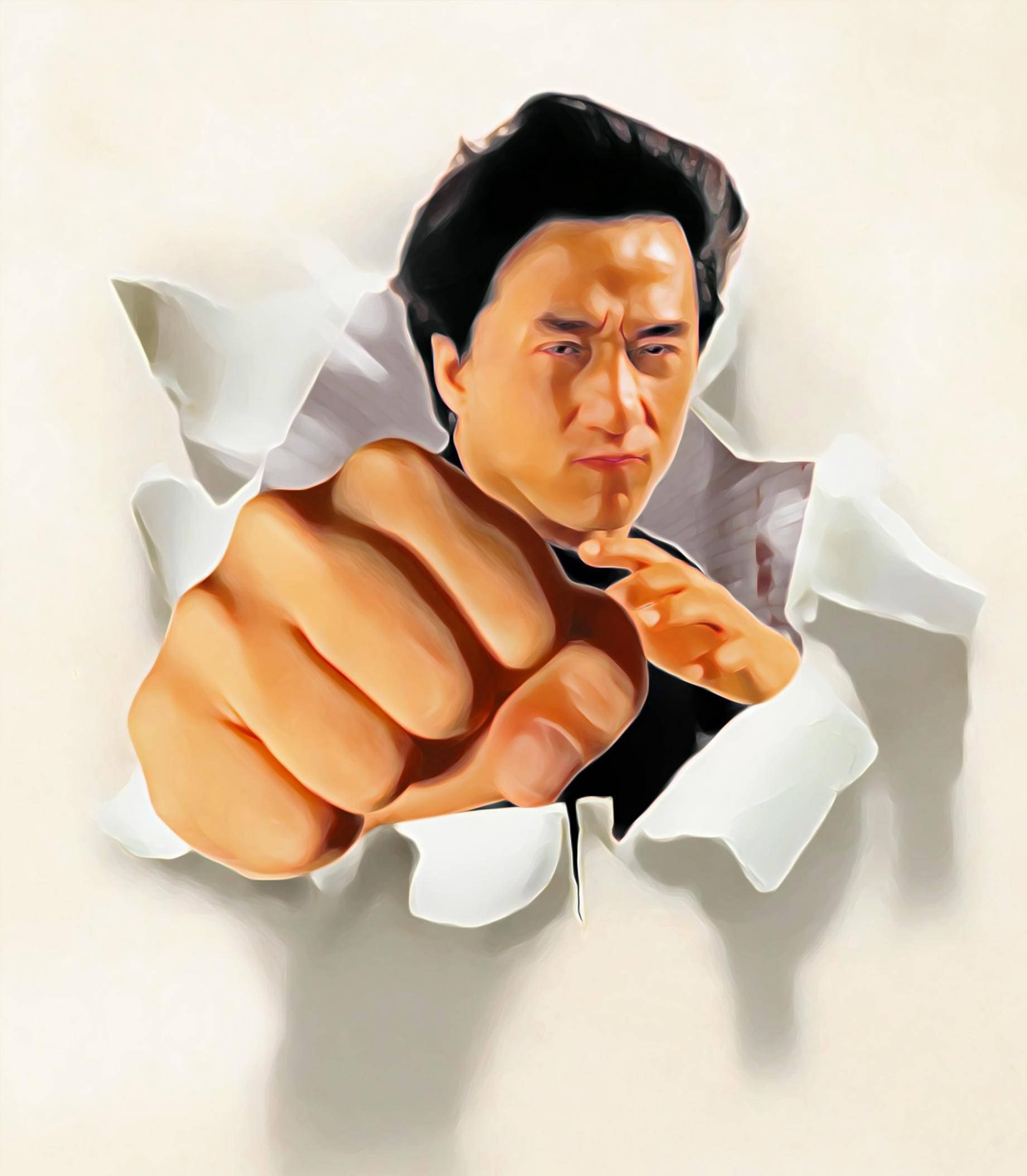 成龍揮拳藝術插畫 壁紙 — 成龍以兇猛表情和手指指著，衝破白色牆壁的數碼肖像。