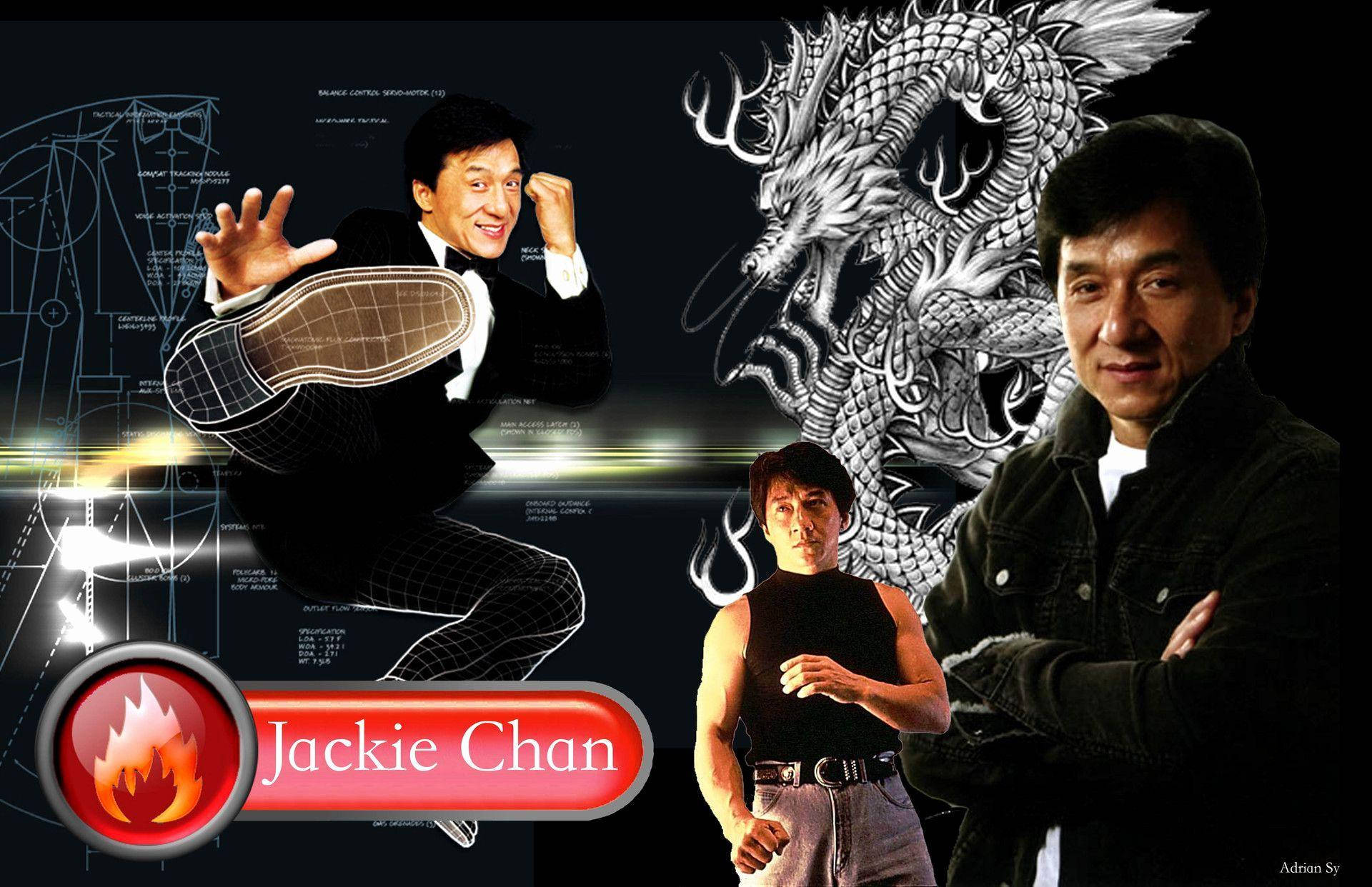 成龍龍圖騰 壁紙 — 成龍在技術藍圖背景前，以多種武術姿勢動態擺拍，旁邊有詳細的龍插圖。