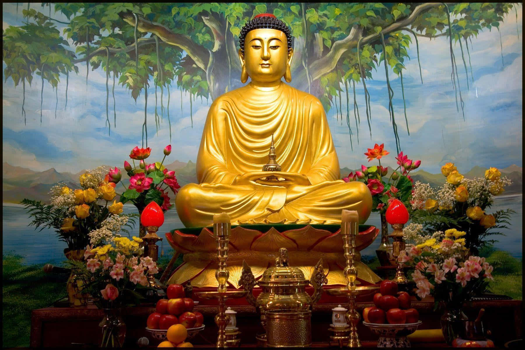 「我不是神，我是覺醒者。」— 釋迦牟尼佛 壁紙 — 金色佛像在彩繪樹冠下靜坐，周圍環繞著鮮豔的花果供品。