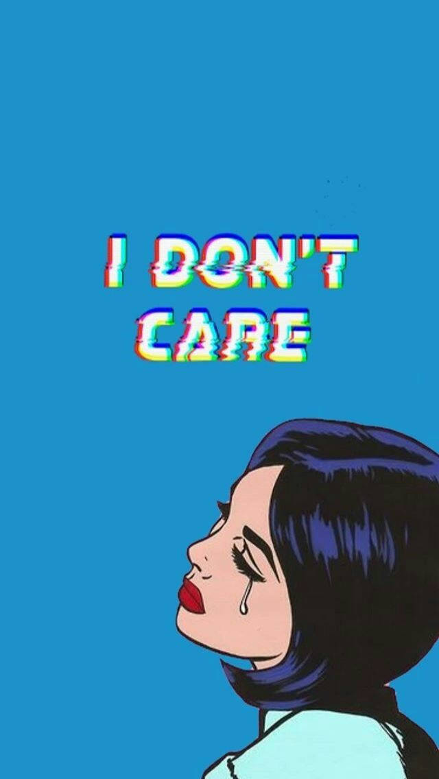 女人臉頰上有淚水，藍色背景上帶有故障效果的「I DON'T CARE」文字