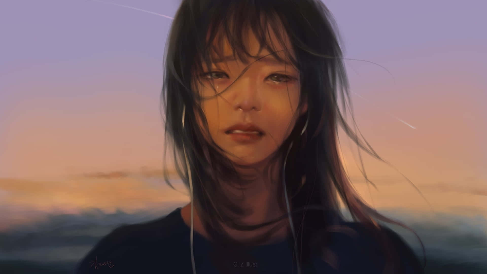 我今天有點低落。 壁紙 — 一個憂鬱的動漫女孩，頭髮隨風飄揚，溫柔地凝視著柔和的日落天空。