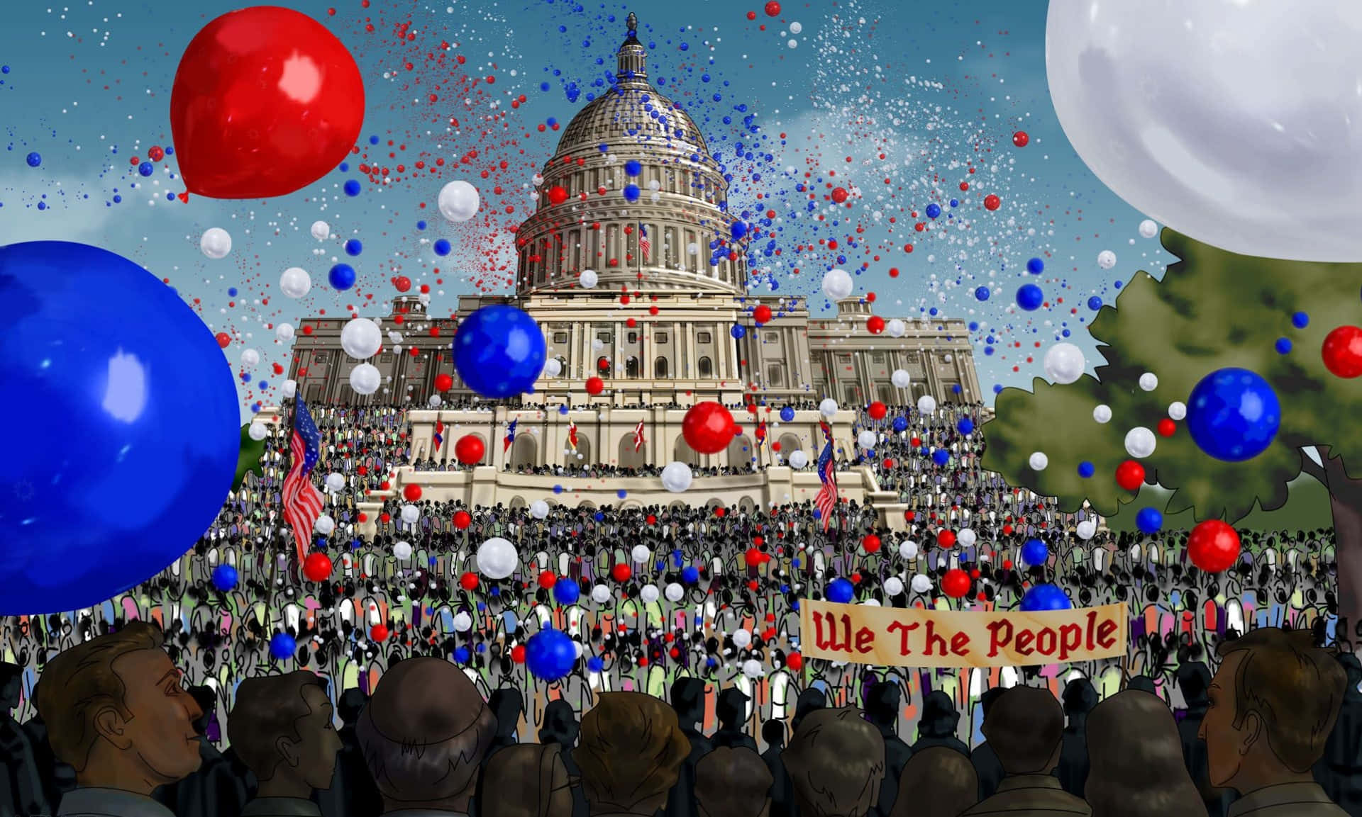國會大廈與舉著「We The People」橫幅和愛國氣球的人群。