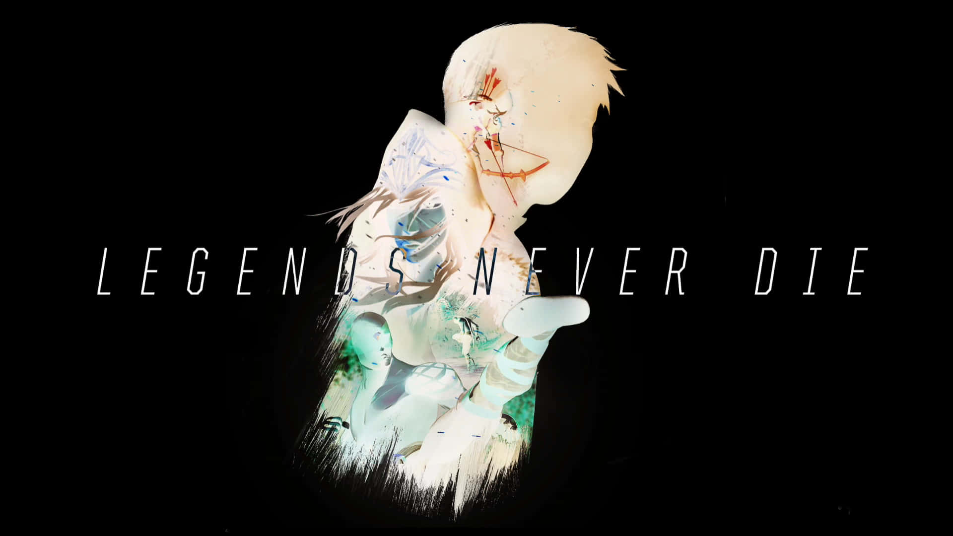 黑色背景上帶有發光綠色和白色色調的動漫角色，帶有文字 legends never die