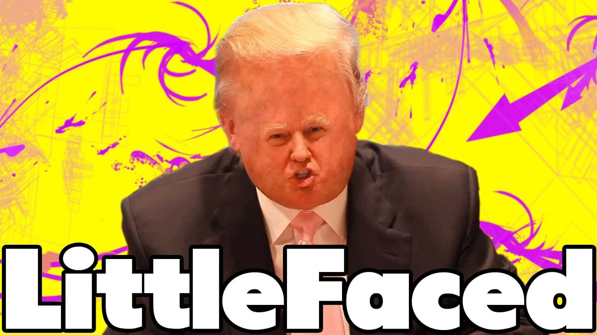 西裝男子在明亮的黃色和紫色塗鴉背景上，配上「LittleFaced」文字，噘起嘴唇。