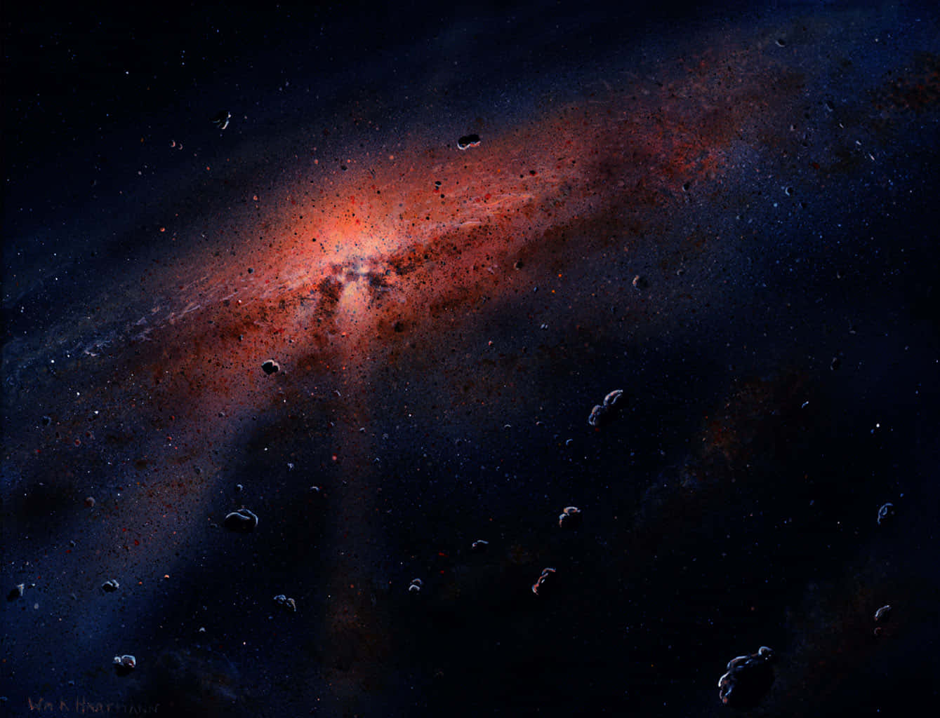 在深空中，一個發光的紅色和橙色星雲，伴隨著漂浮的小行星。