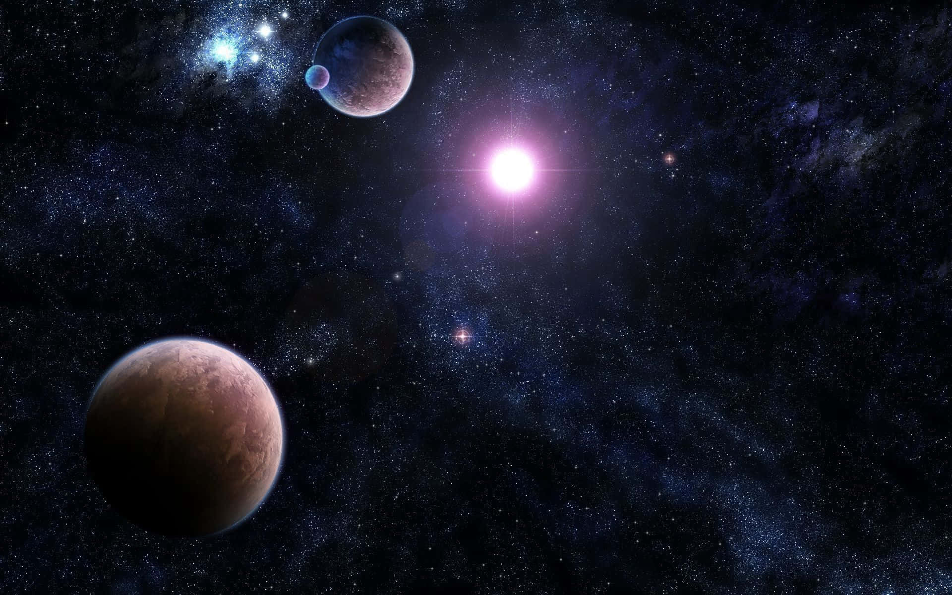 三顆行星在佈滿恆星的星雲中繞著一顆明亮的粉紅色恆星運行。