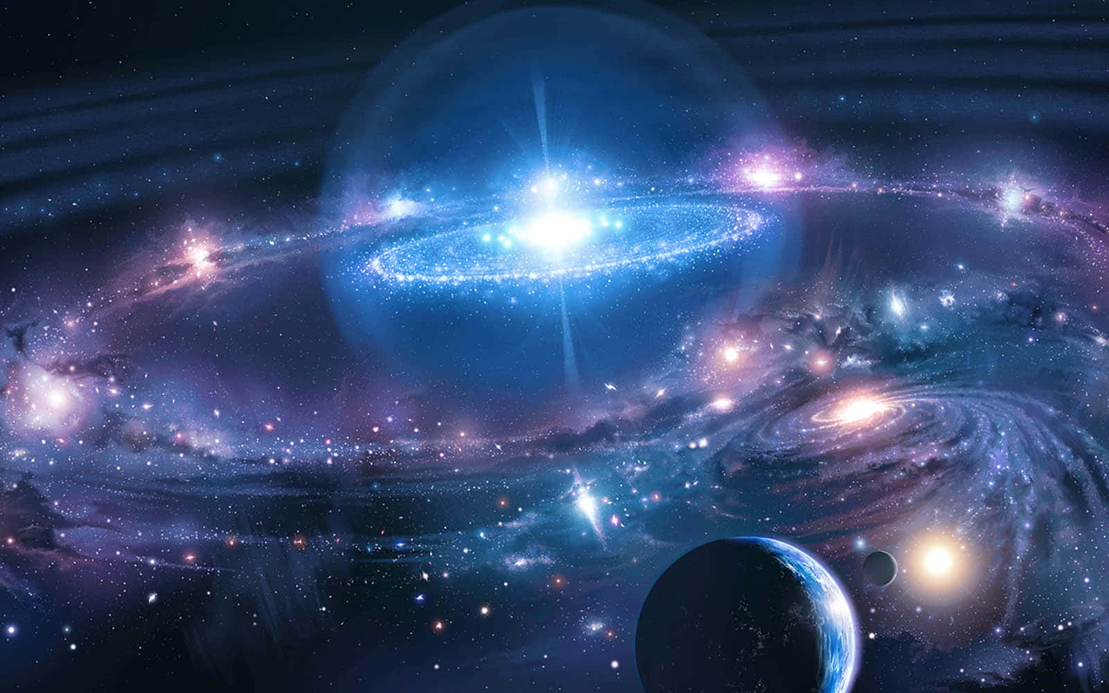 在星空背景下，發光的星系和行星組成的鮮豔宇宙場景。