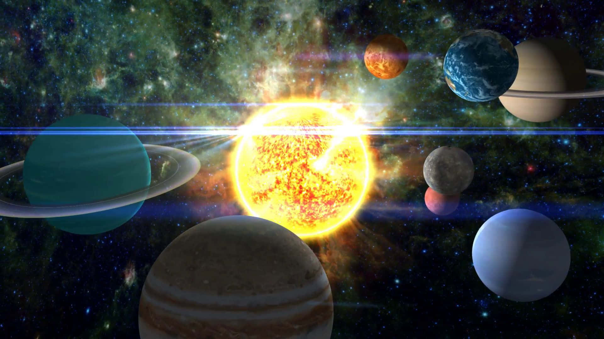 一顆光芒四射的太陽，在繁星點點的宇宙場景中被多樣的行星環繞。
