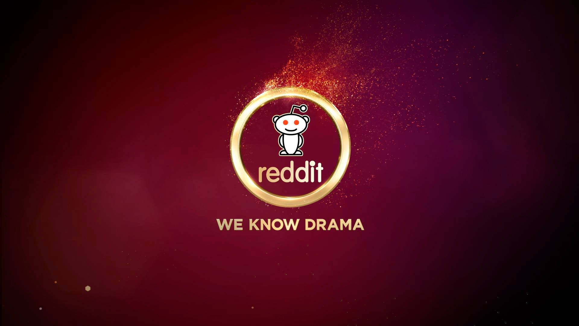 紅色背景上帶有金色環和閃光的 Reddit 標誌，標語 WE KNOW DRAMA