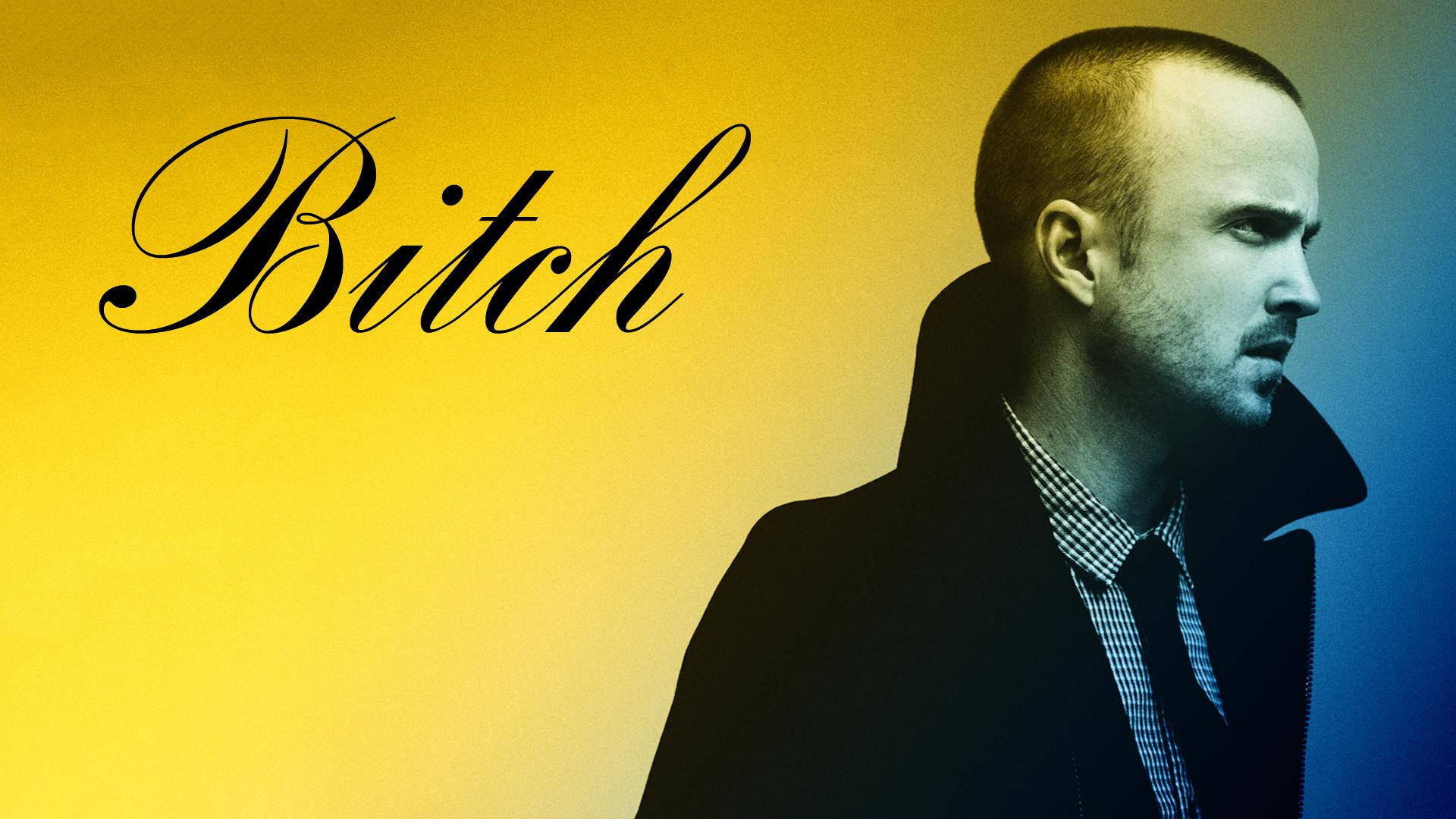 深色外套男人，漸變背景上寫有「Bitch」文字