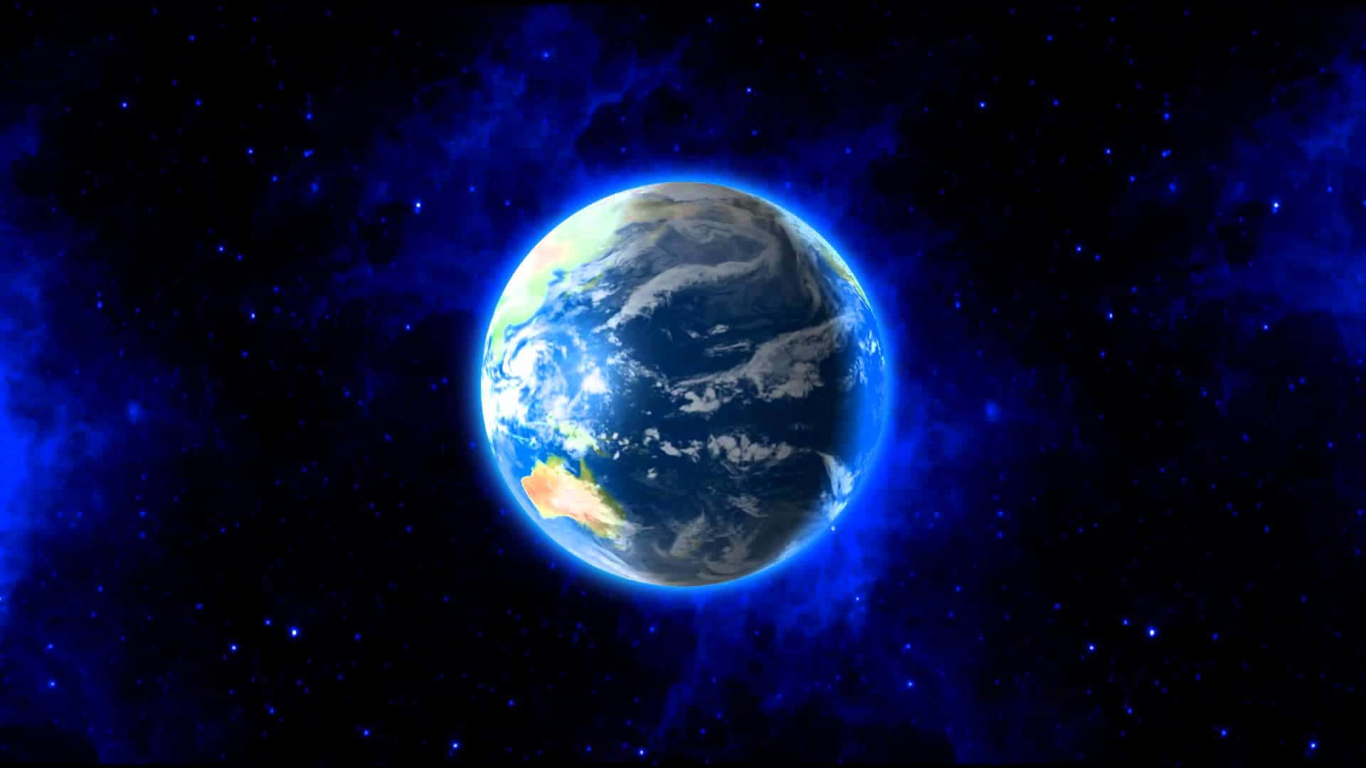在滿佈星斗的宇宙虛空中發光的藍色地球與星雲。