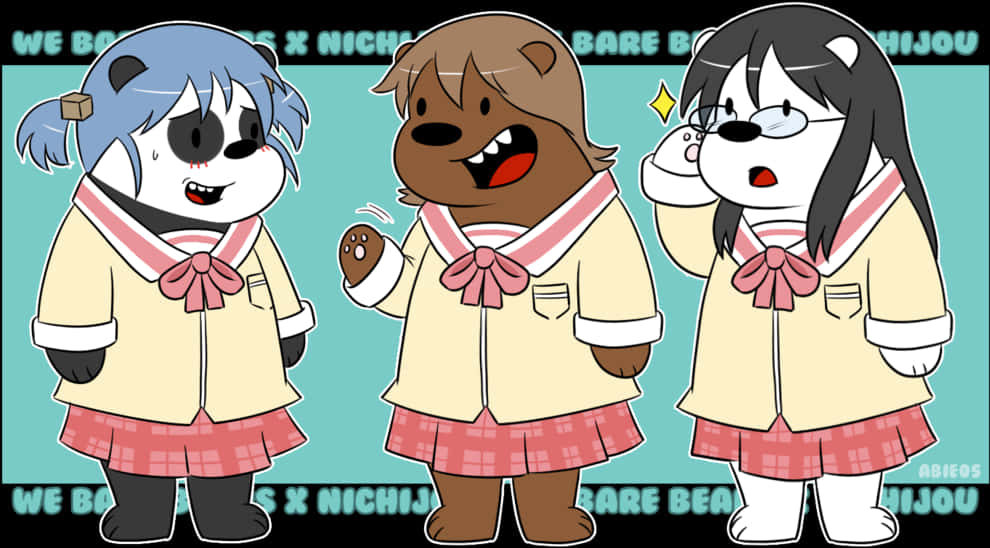 《我們熊熊》動畫校服造型 壁紙 — 三個擬人化動物角色穿著相配的校服，站在青綠色背景上，帶有文字疊加。