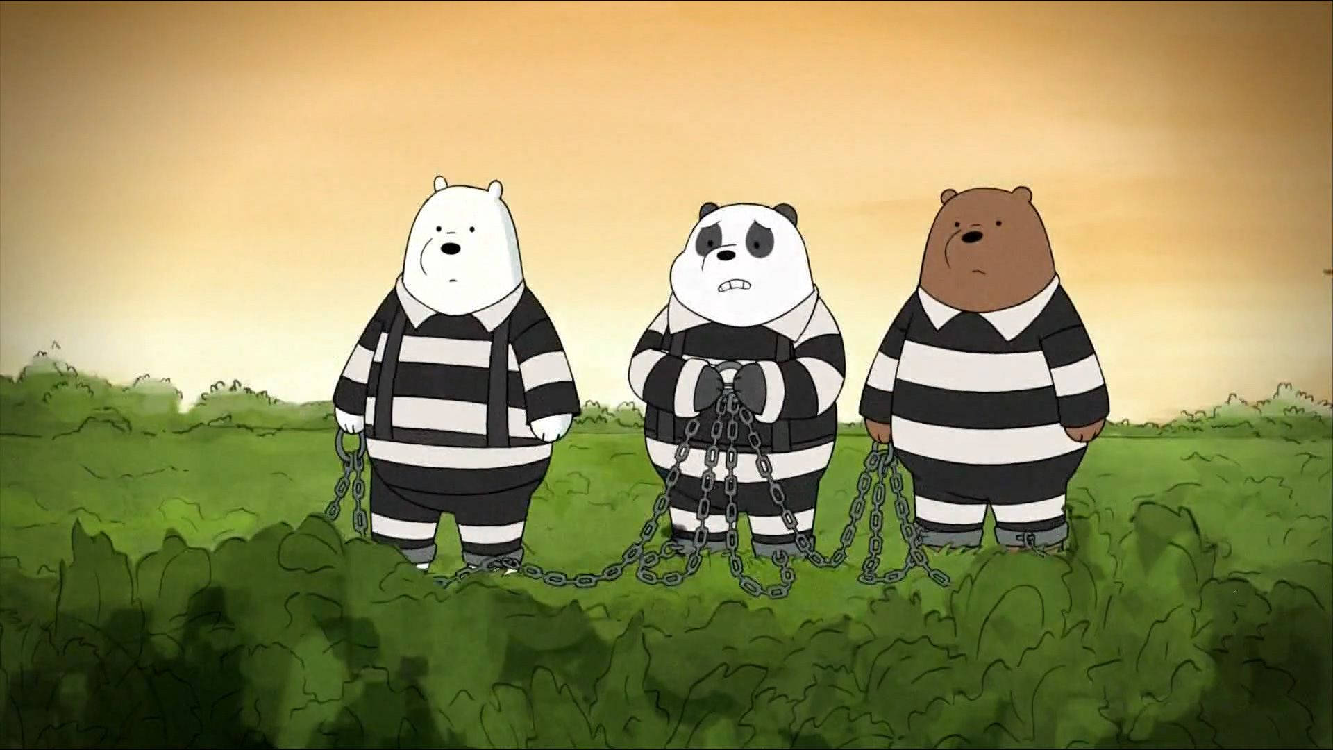 三隻卡通熊穿著監獄制服在田野中被鎖鏈拴在一起。