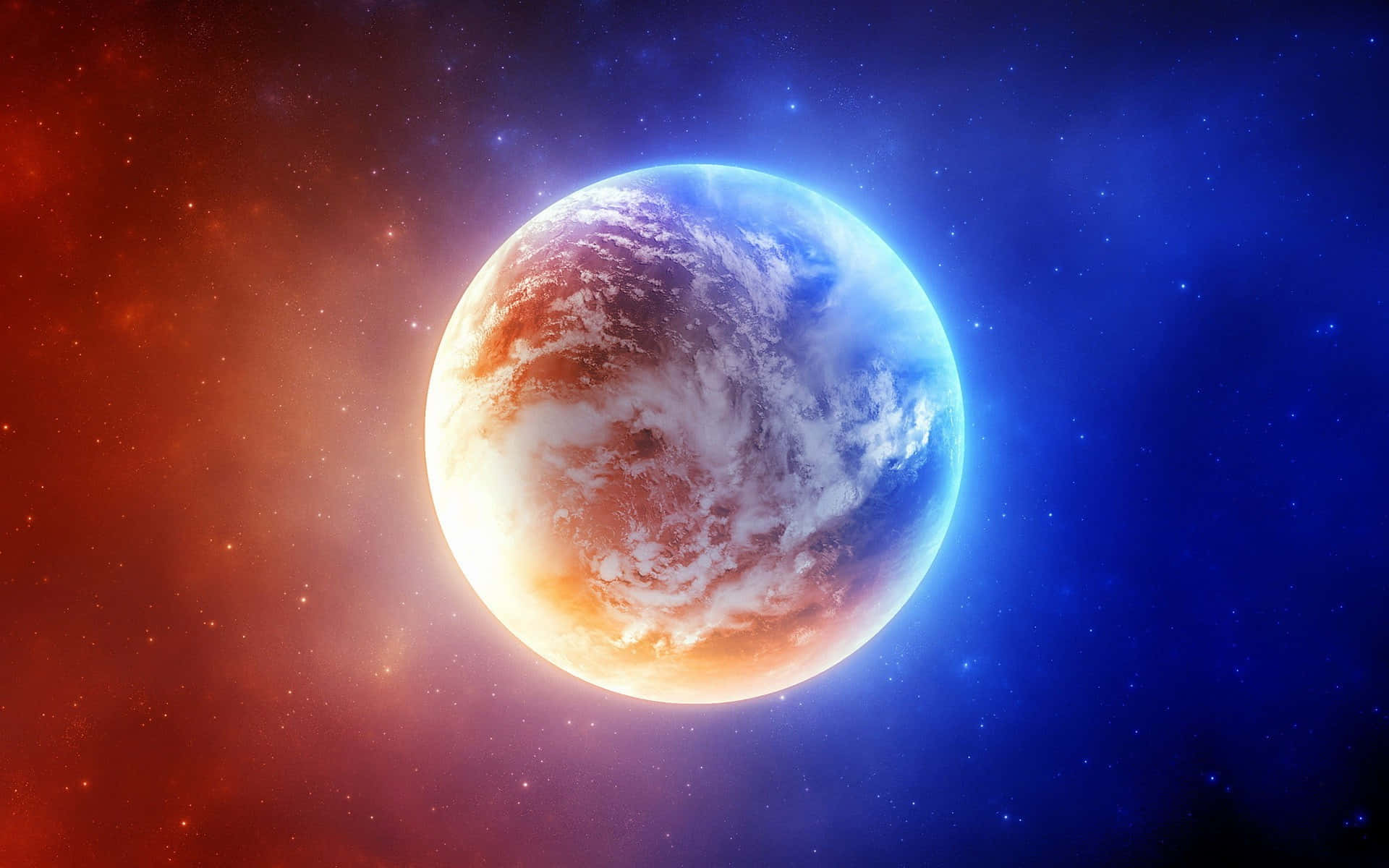 一顆充滿活力的行星，帶有雲層和海洋，映襯著色彩繽紛的星空背景。