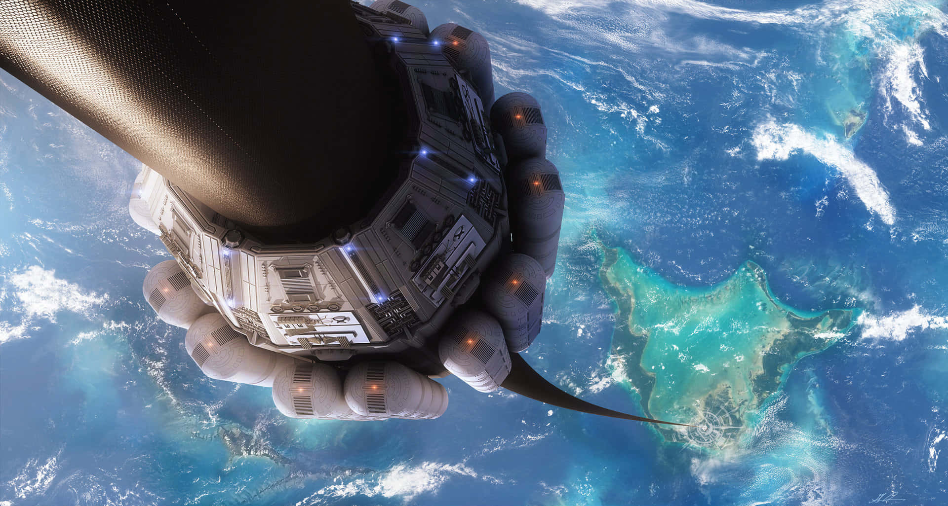 我們的宇宙充滿無可想像的奇觀。 壁紙 — 一隻巨大的機械手抓住地球上方充滿活力的藍色海洋和綠松石島嶼上空的未來主義太空站。