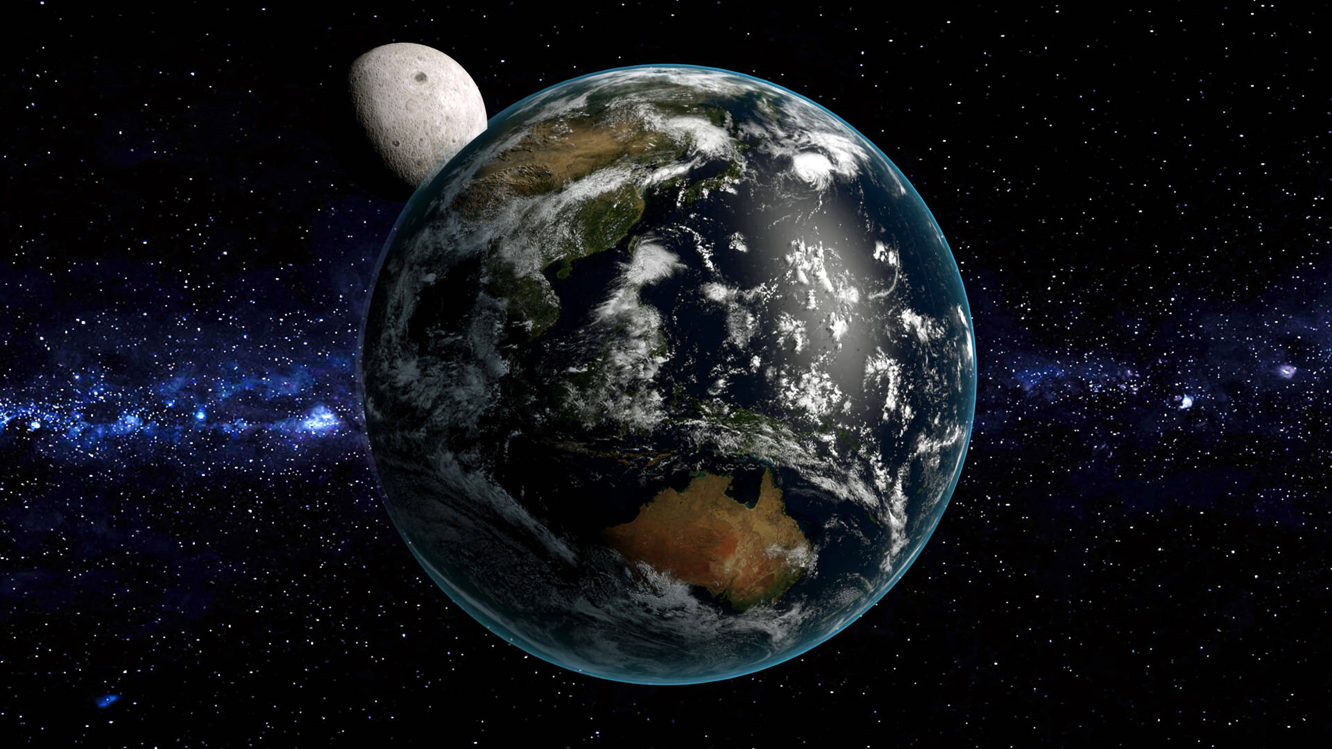 地球和月亮在太空中，背後有星星和發光的星系。