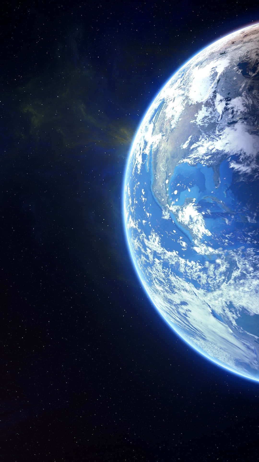從太空看到的地球，背景有藍色海洋、白色雲層和星星。