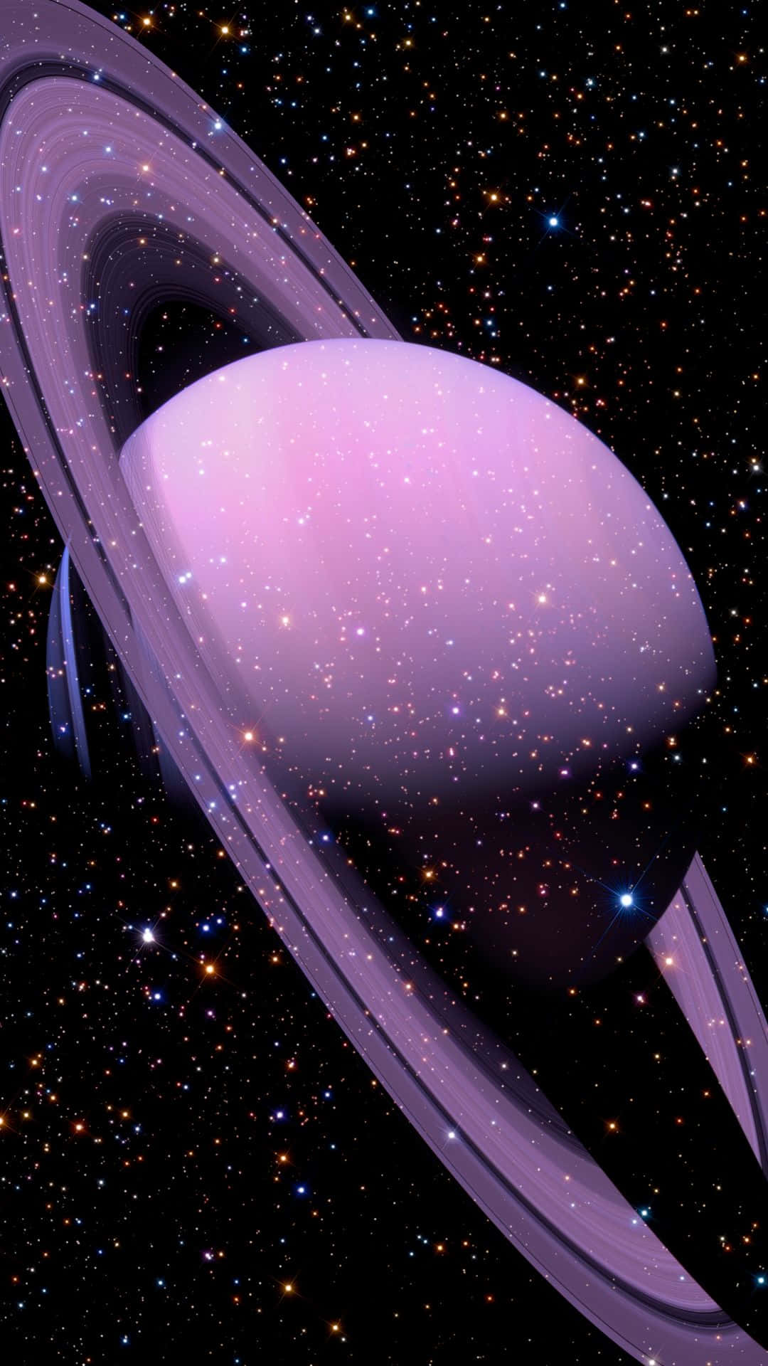 在深空中被多彩星星環繞的帶環紫色行星。