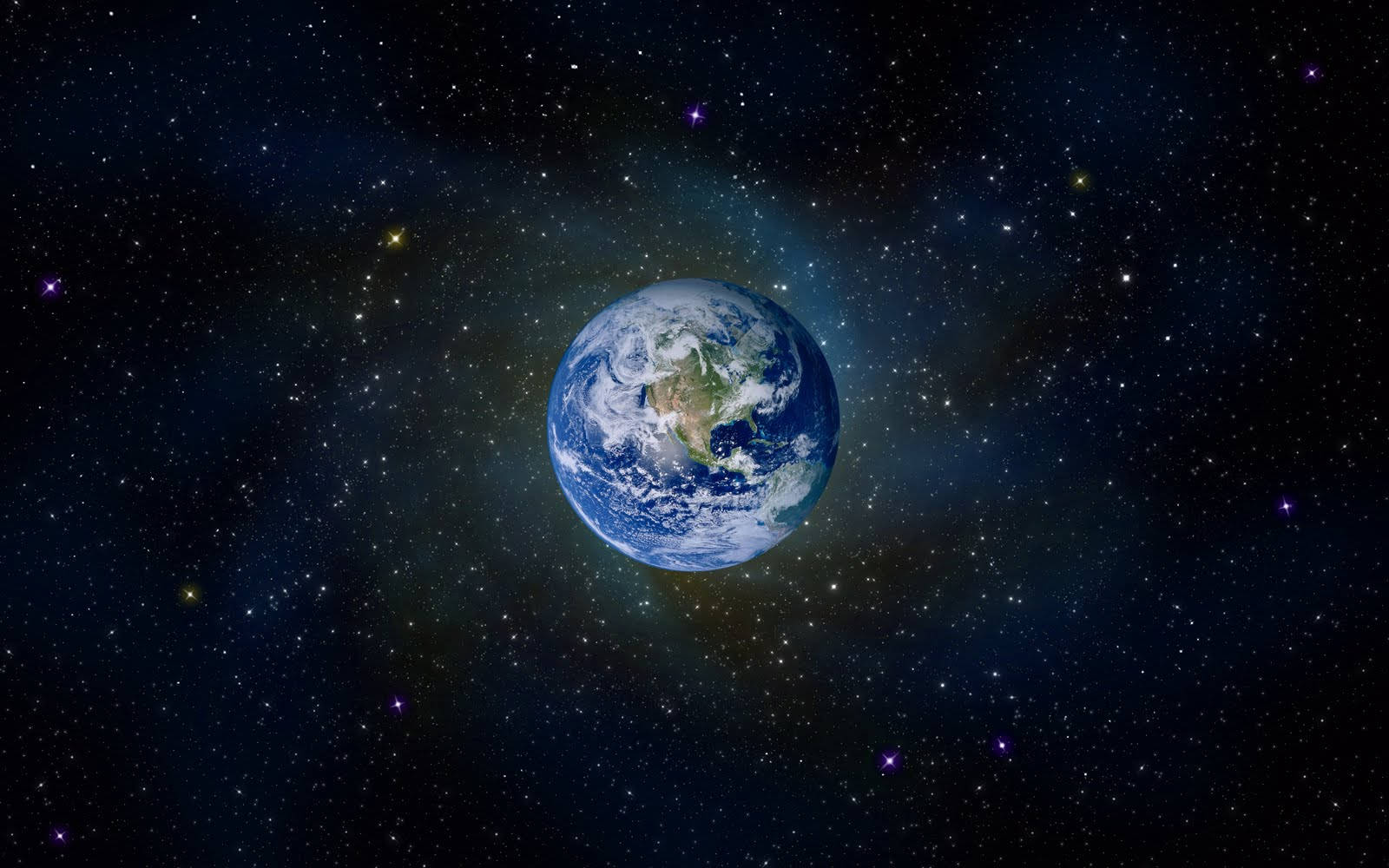 地球漂浮在繁星點點的宇宙場中，伴有色彩繽紛的星雲。