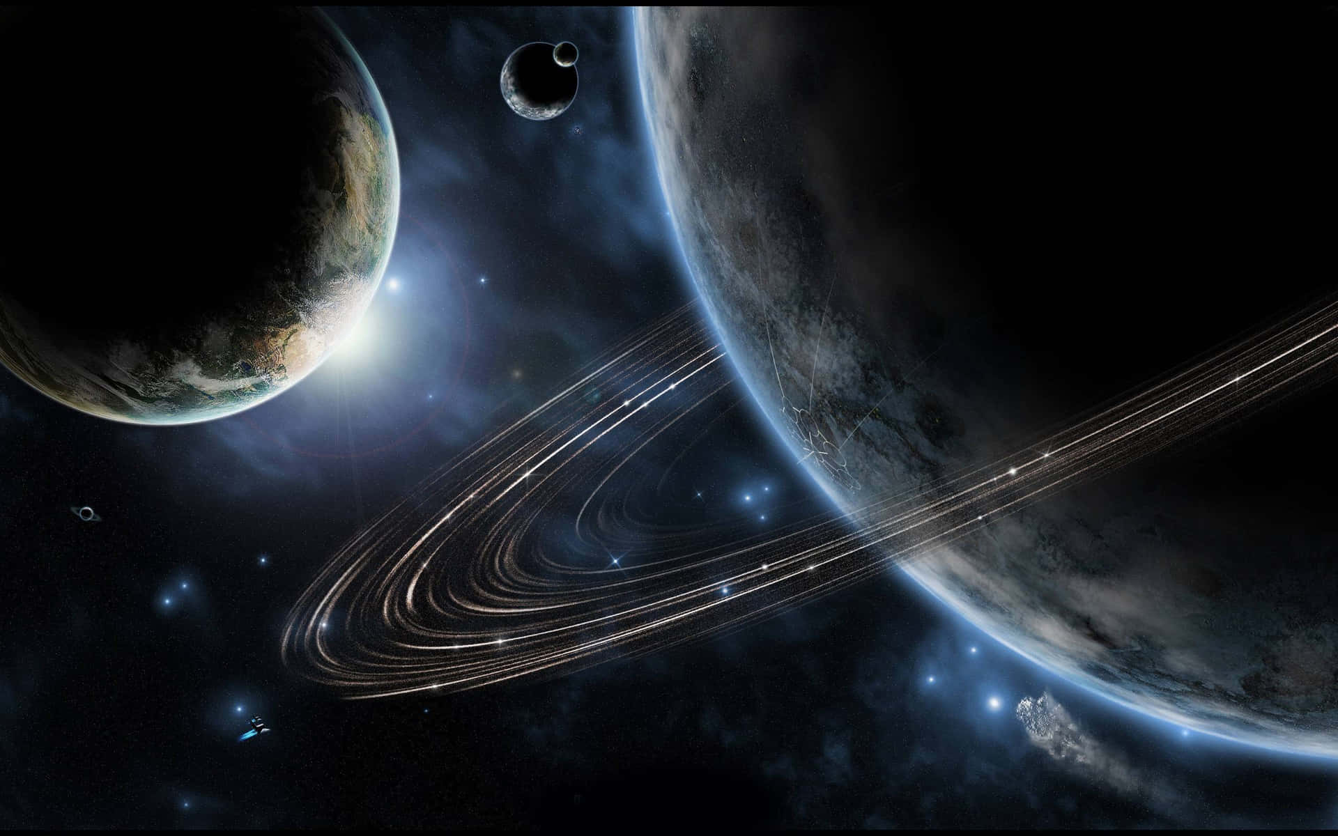 在繁星點點的太空場景中，有環和衛星的行星。
