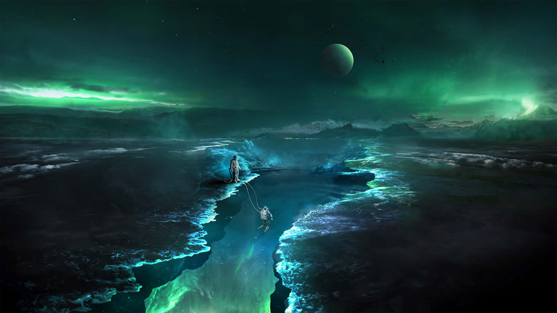 兩個人在發光的外星海灘上，上方有綠色極光和漂浮的月亮。