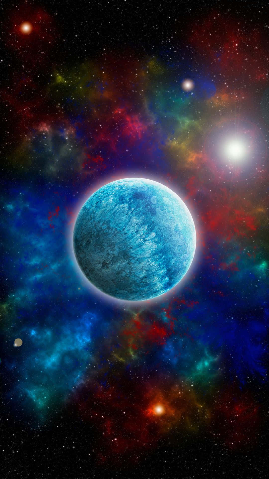 一顆藍色行星被色彩繽紛的宇宙雲和遙遠的星星包圍。