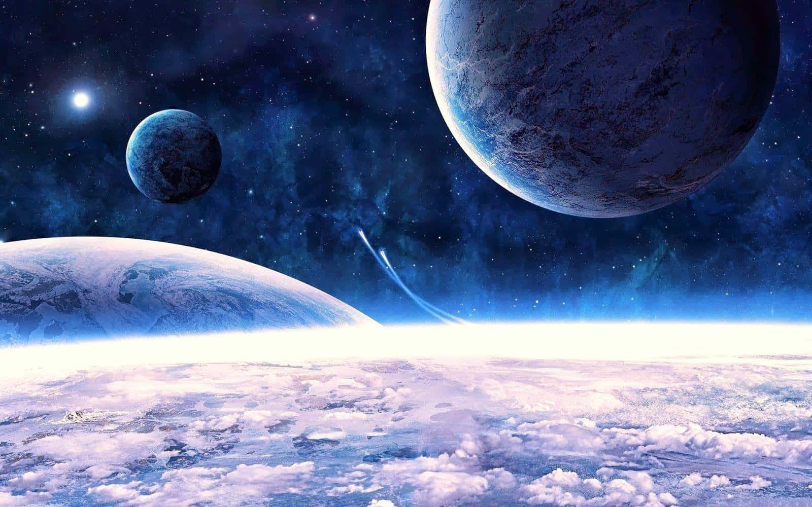 繁星點點的藍色星雲中的三顆行星和一顆明亮的恆星。
