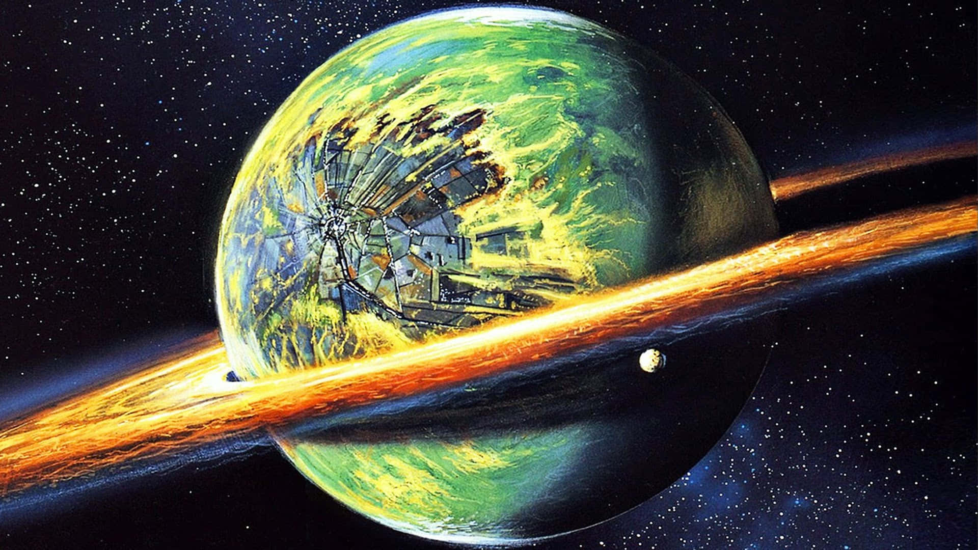 一顆綠色行星，帶有破碎的結構和發光的環系統，在深空中。