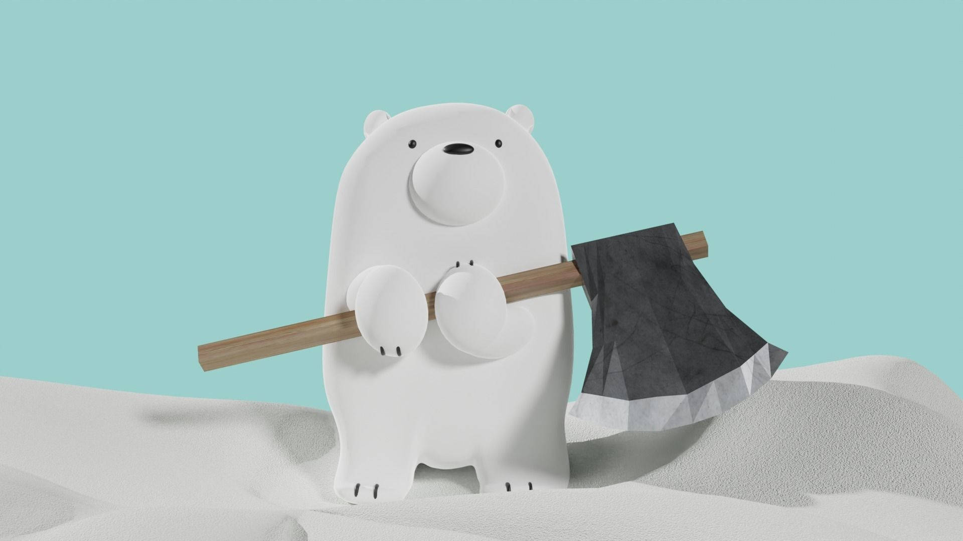 一隻白色3D北極熊在雪地中手持斧頭。