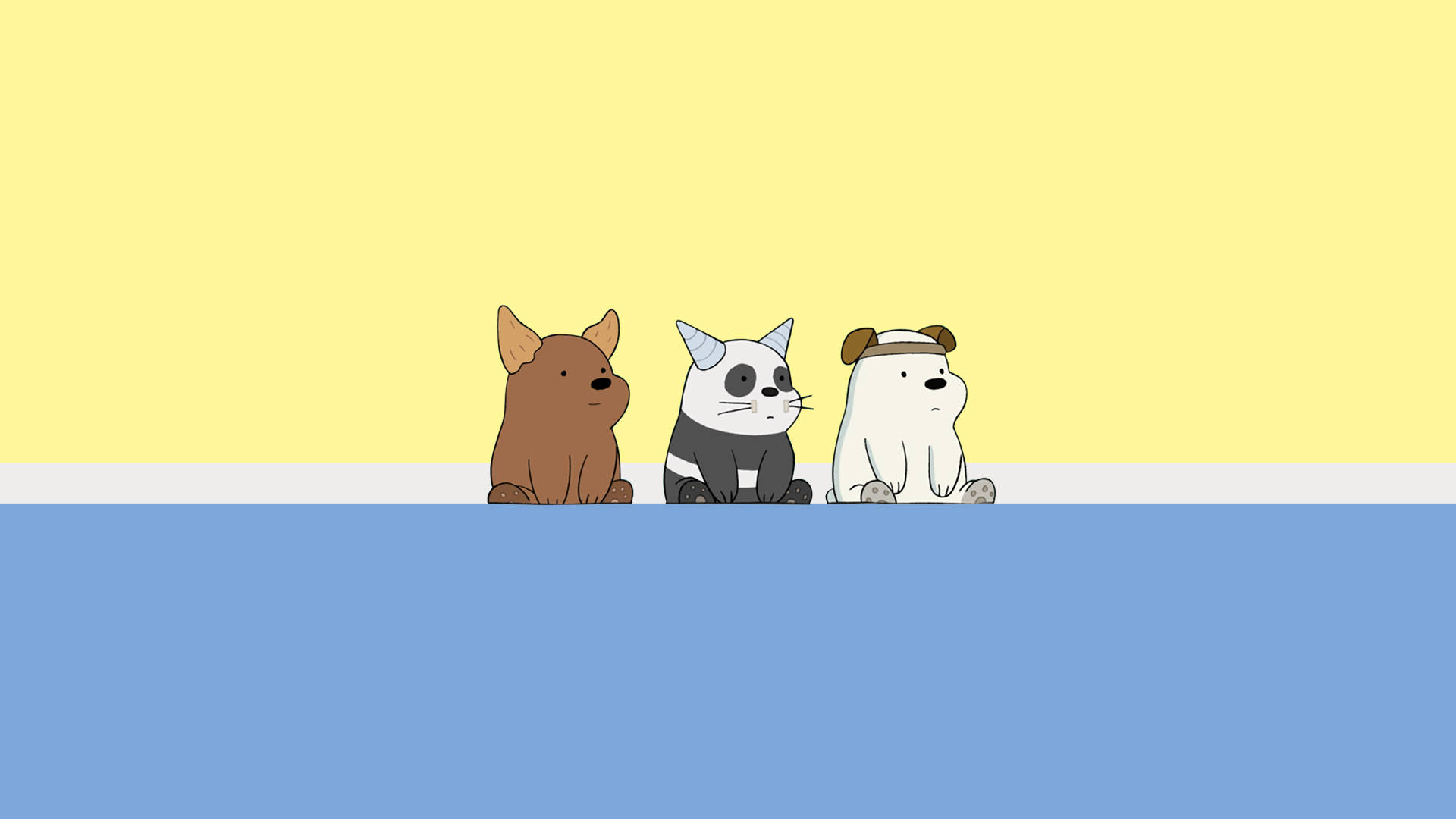 三隻卡通動物並排坐在藍色地板上，背景是黃色牆壁。