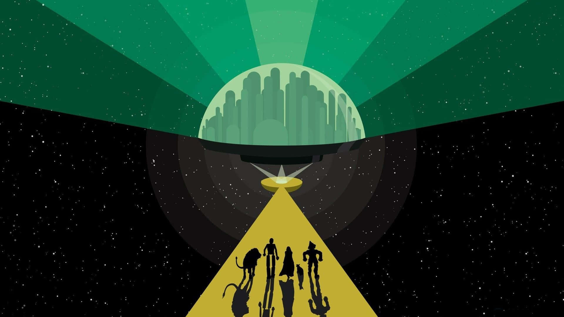 一群剪影人物和生物在綠色星空下走向UFO。