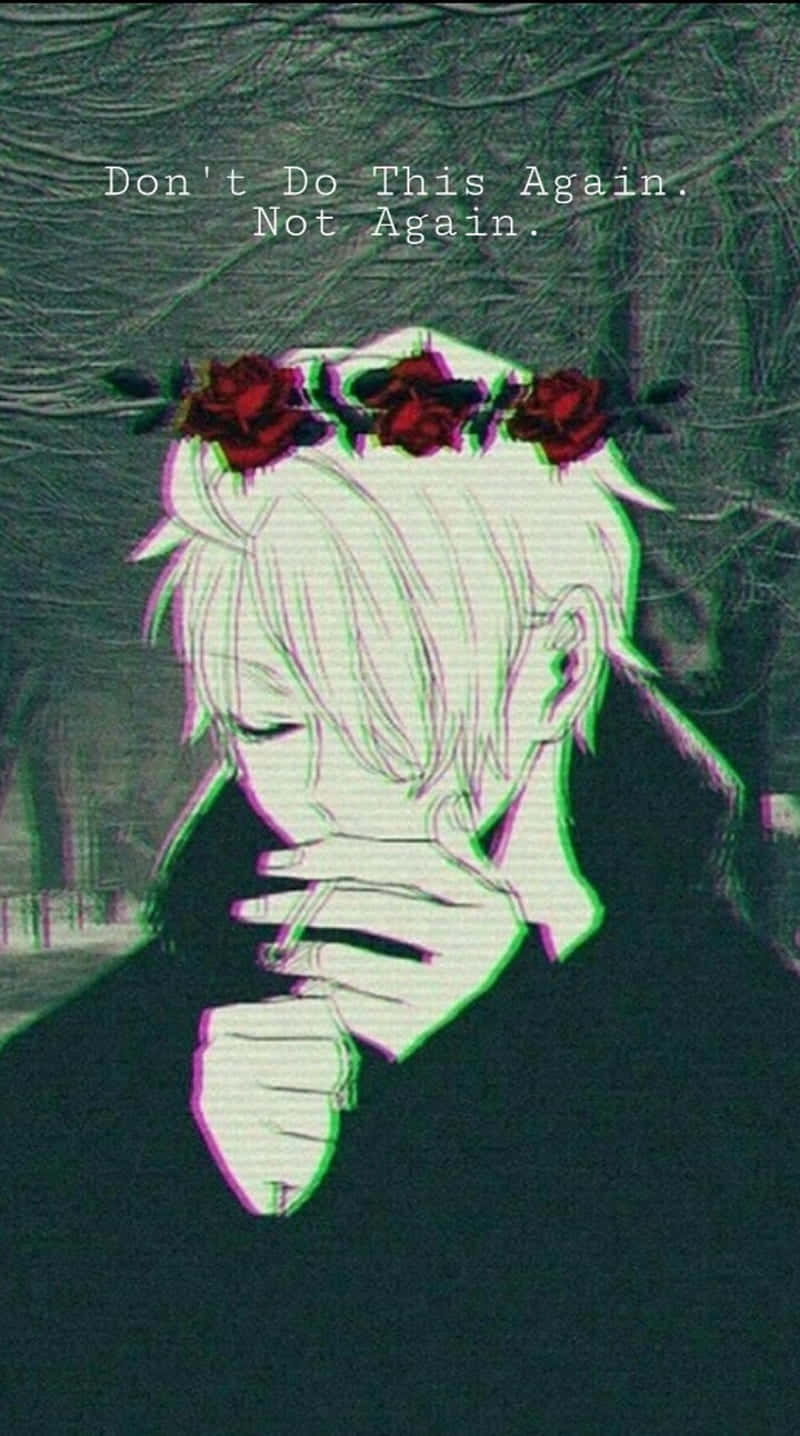 「我內心承受的痛苦，已大到無法獨自面對。」 壁紙 — 一個憂鬱的動漫角色，白髮，頭上有紅玫瑰，在帶有故障效果的深色紋理背景前拿著香煙。